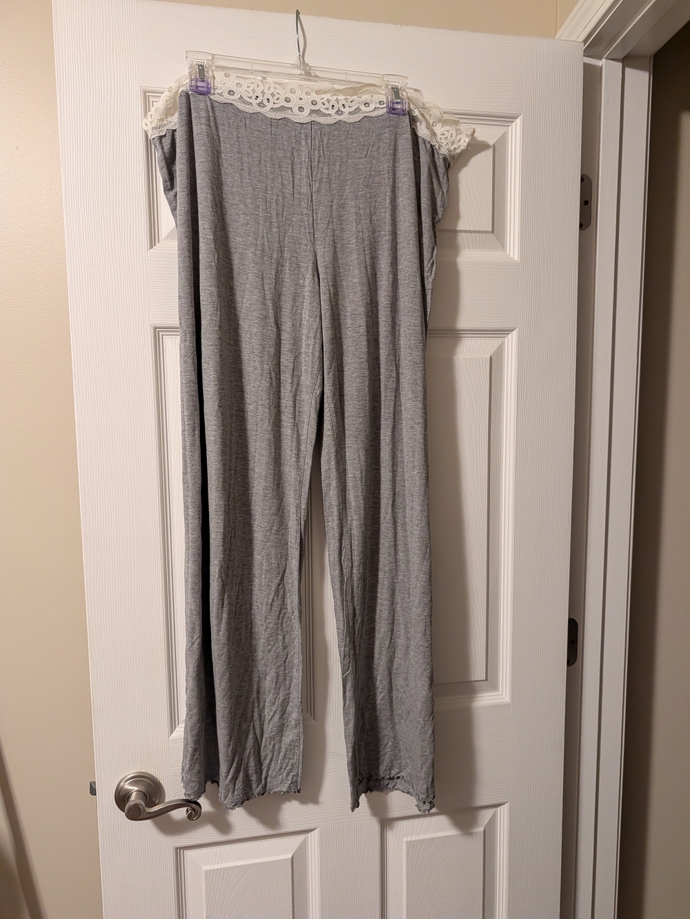 aerie Light Gray Wide-Leg Lounge Pants with Cream Lace Waistband